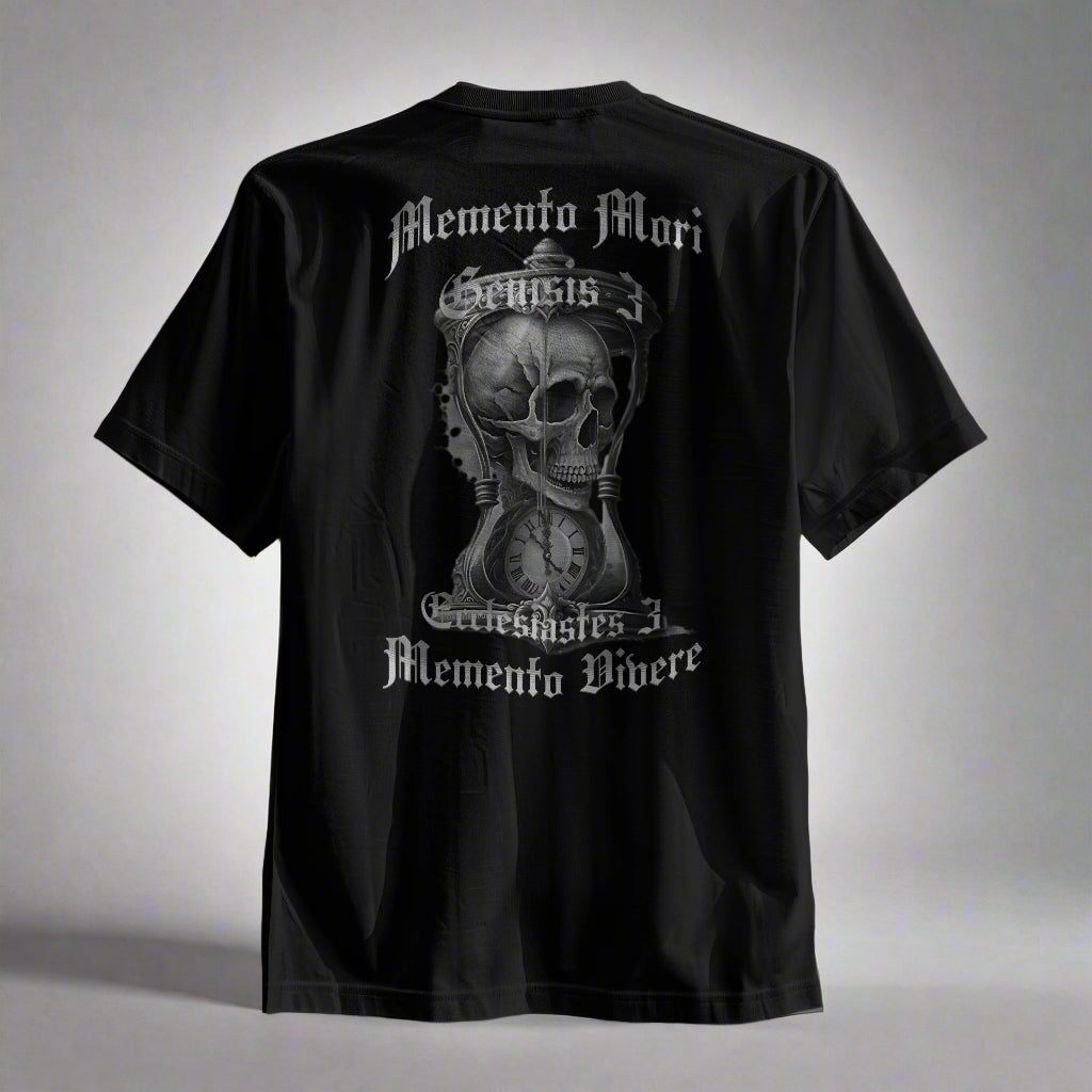 Black t-shirt with skull and text design on a gray background