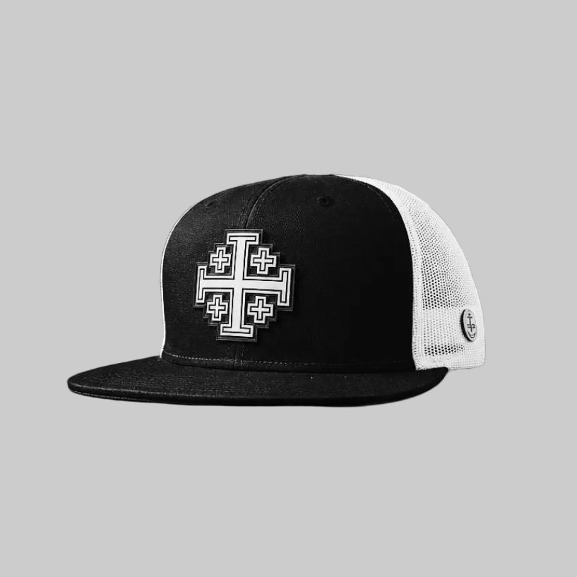 Jerusalem Cross — White (Black/White Flat Bill)