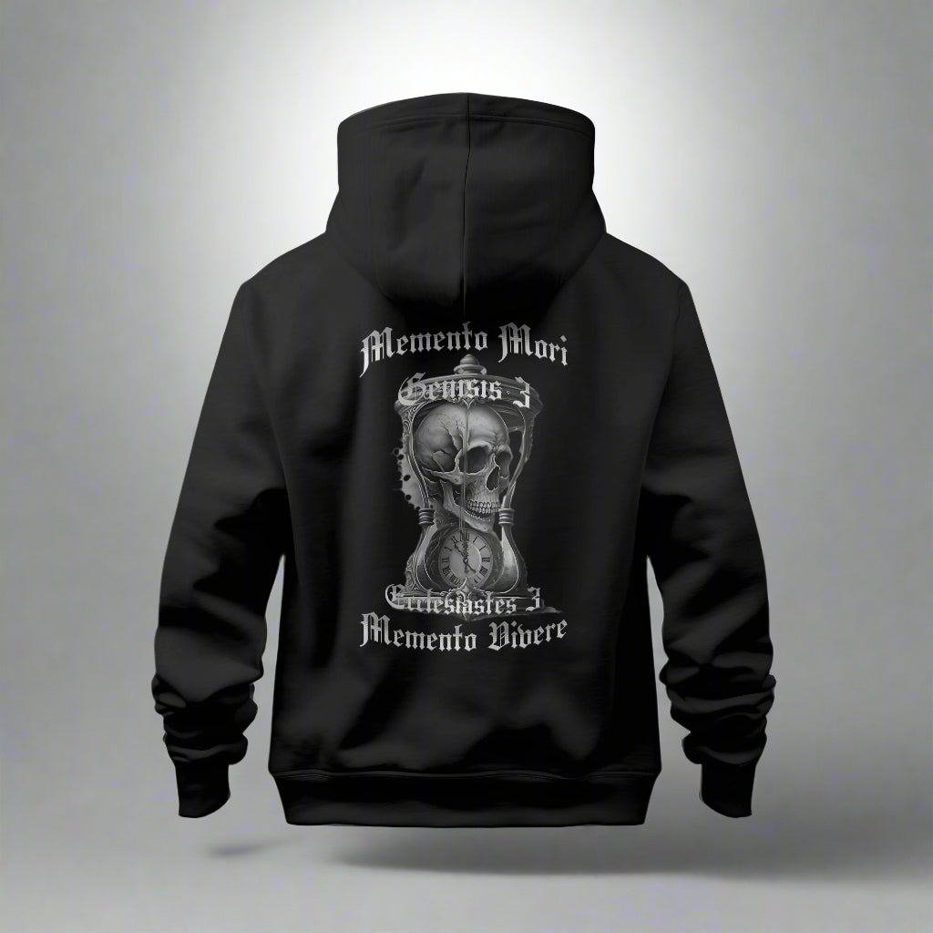 Black hoodie with a skull design and text on the back against a cloudy sky.