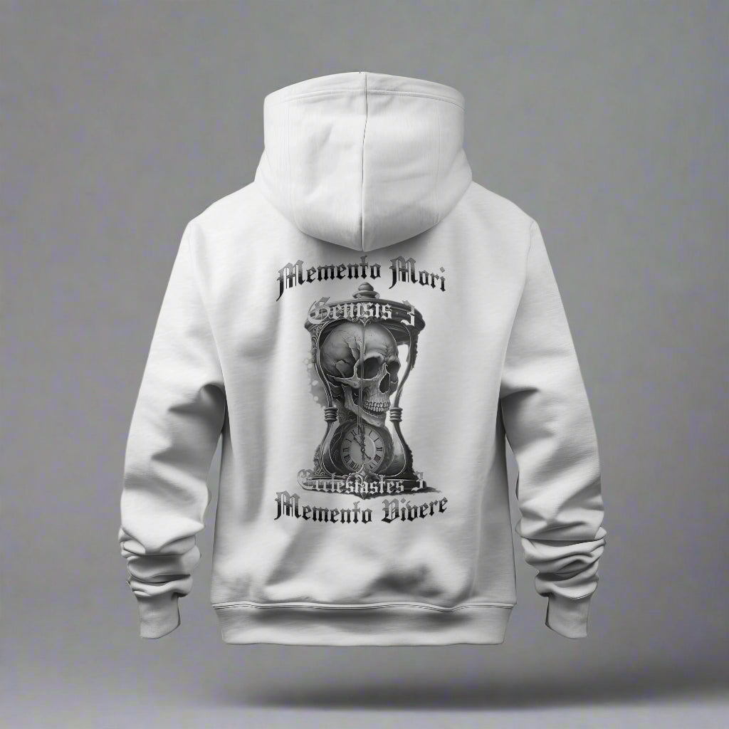White hoodie with a skull and clock design on the back against a cloudy sky.