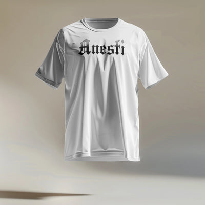 White t-shirt with 'Anesti' logo on a gradient background