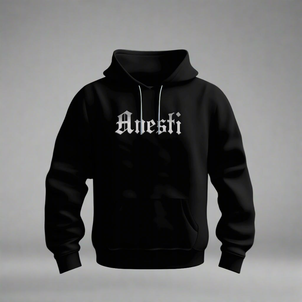 Black hoodie with 'Anesti' text on a blue sky background