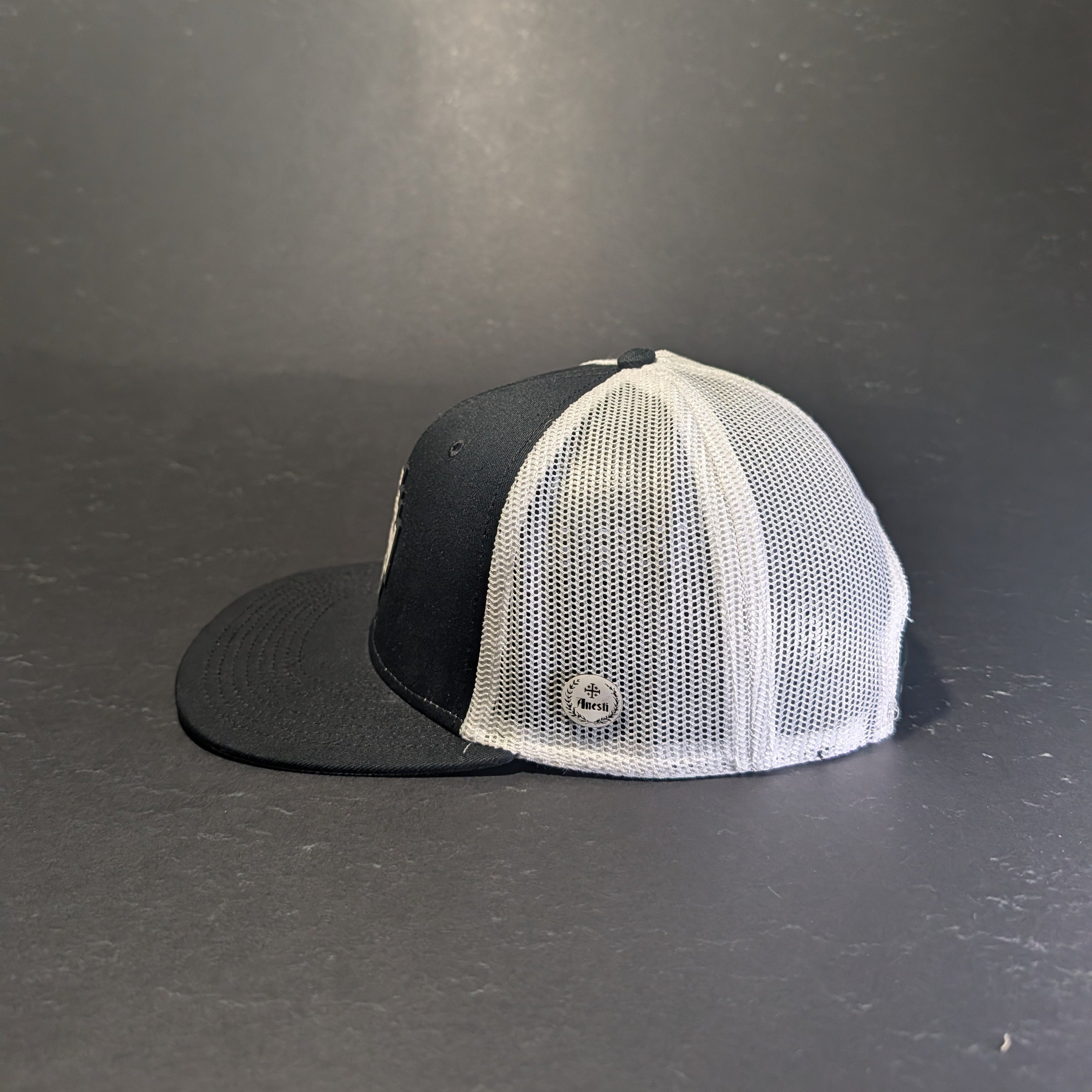 Jerusalem Cross White black and white flat bill snapback, side profile with white Anesti leatherette crest