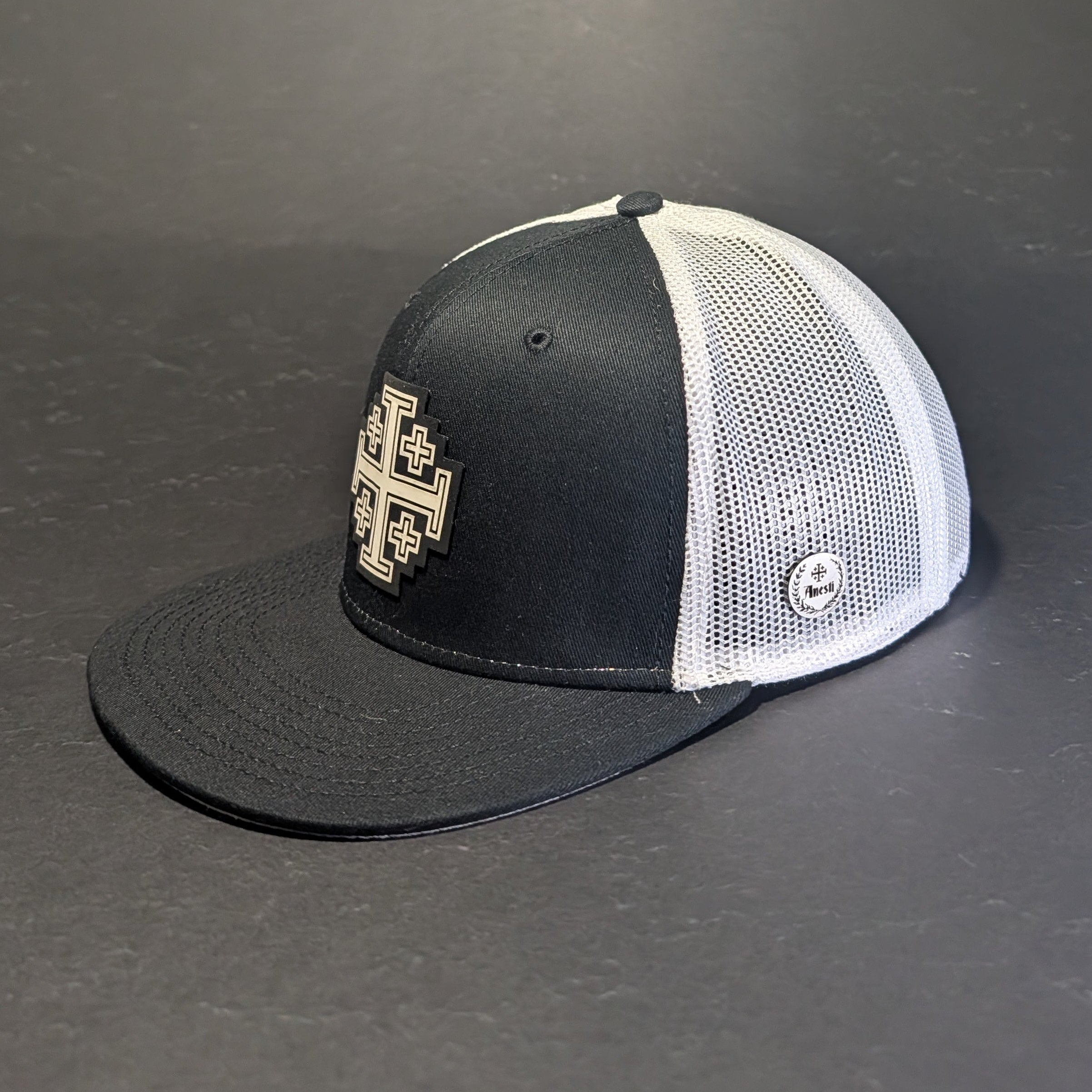 Jerusalem Cross White black and white flat bill snapback, angled view