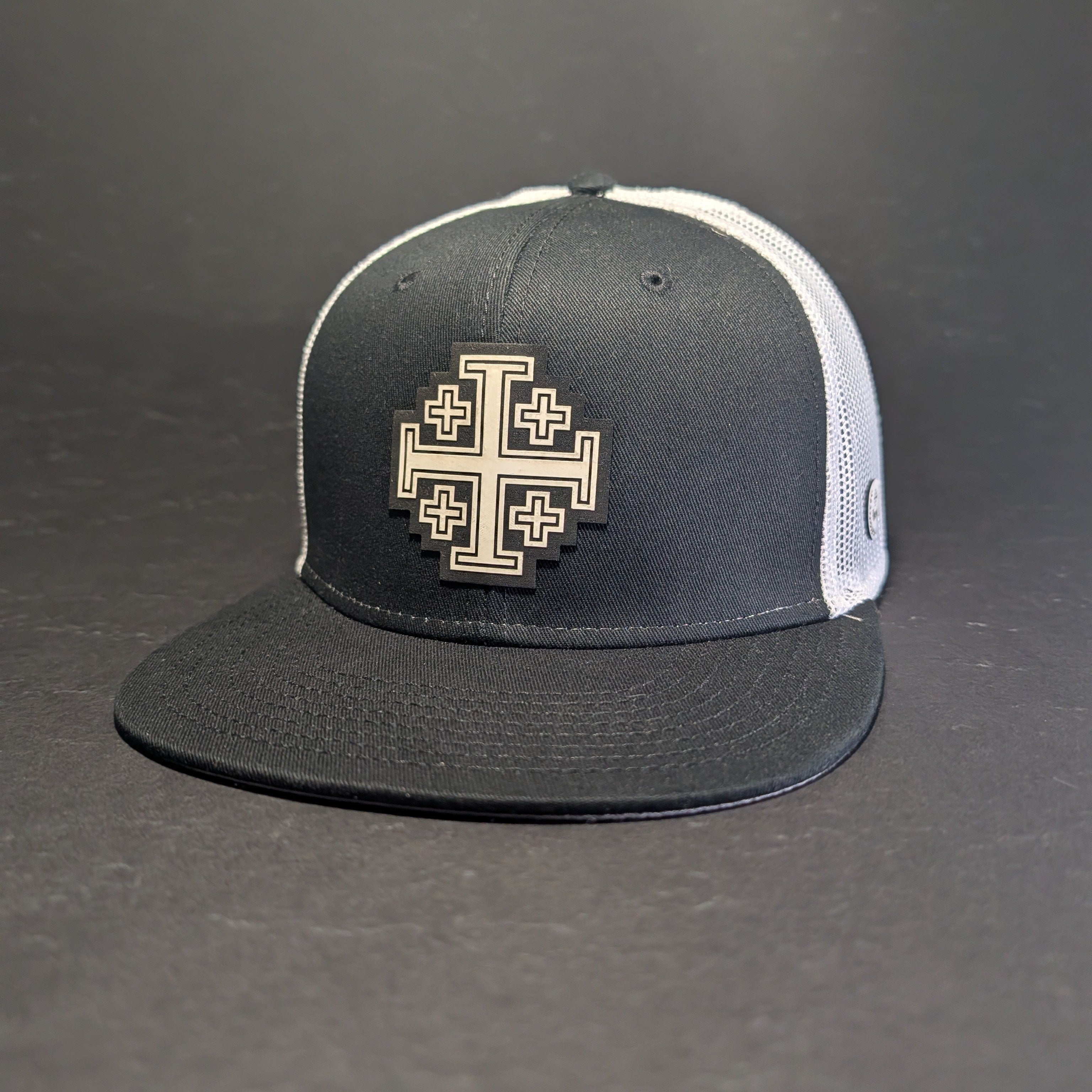 Jerusalem Cross White black and white flat bill snapback, detail of white leatherette cross patch on black crown