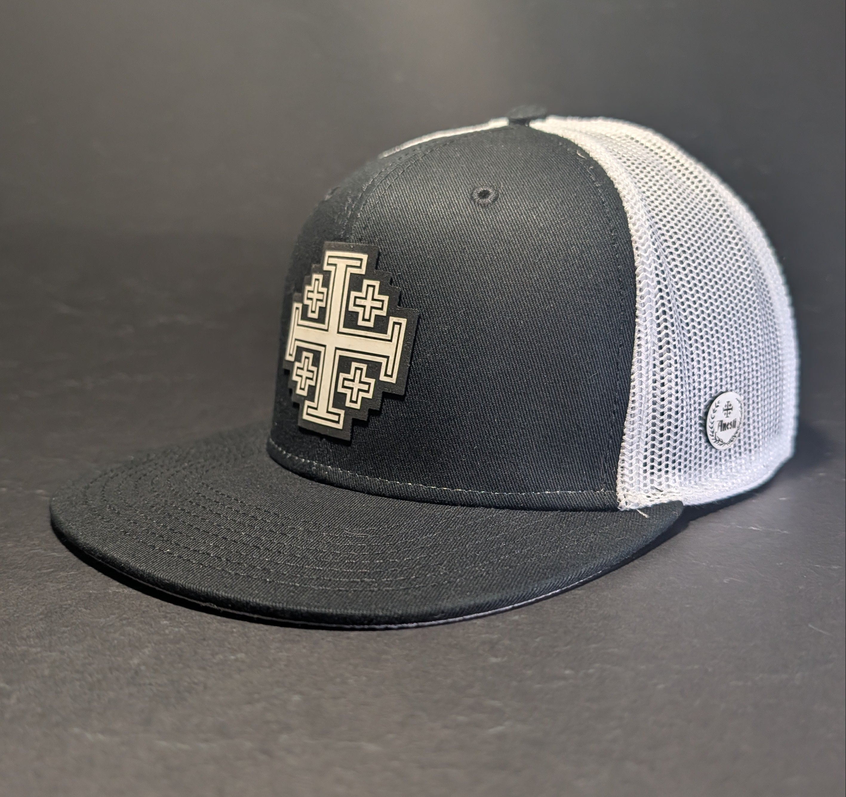 Jerusalem Cross White black and white flat bill snapback, alternate angle