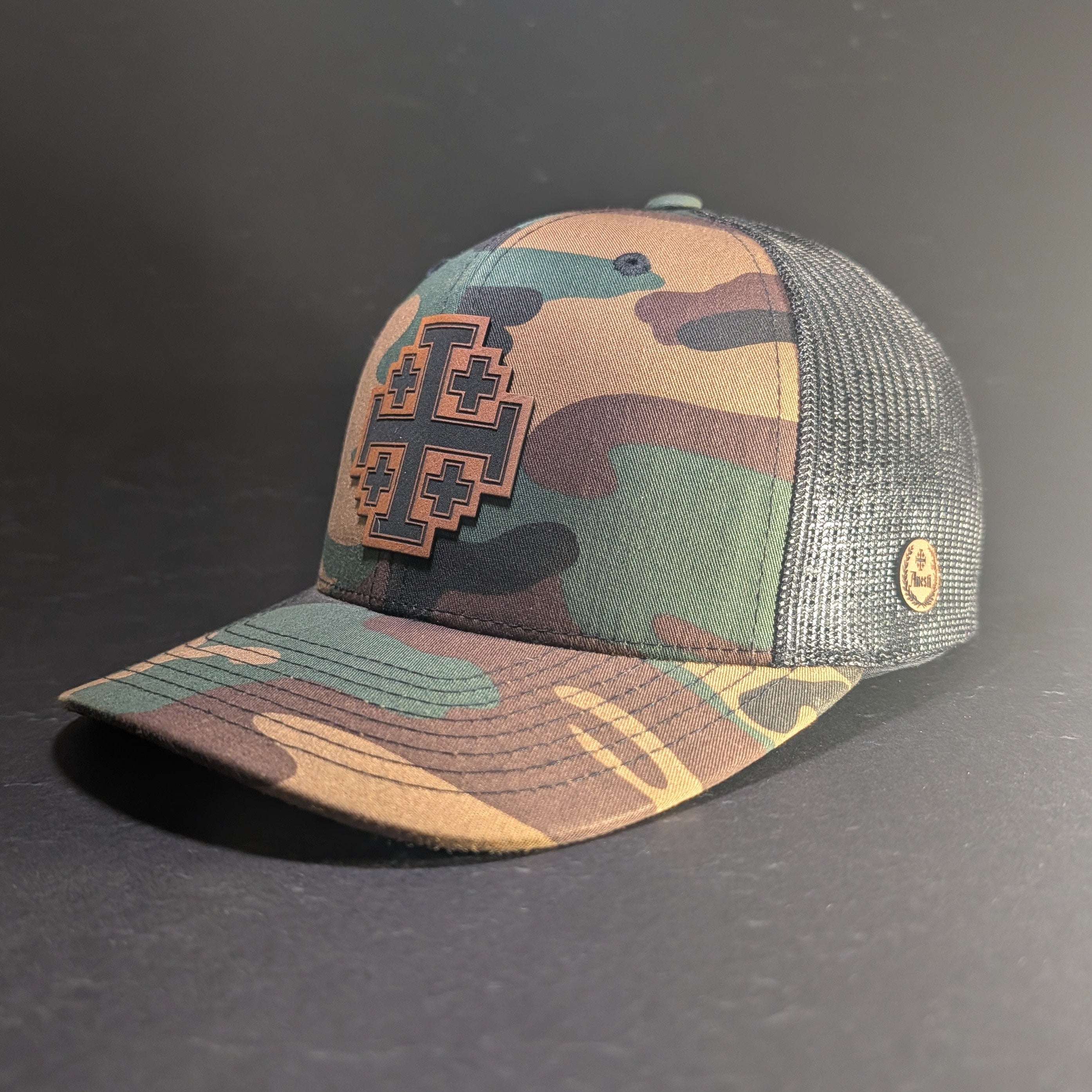 Jerusalem Cross Woodland curve bill snapback, alternate front angle showing pre-curved bill