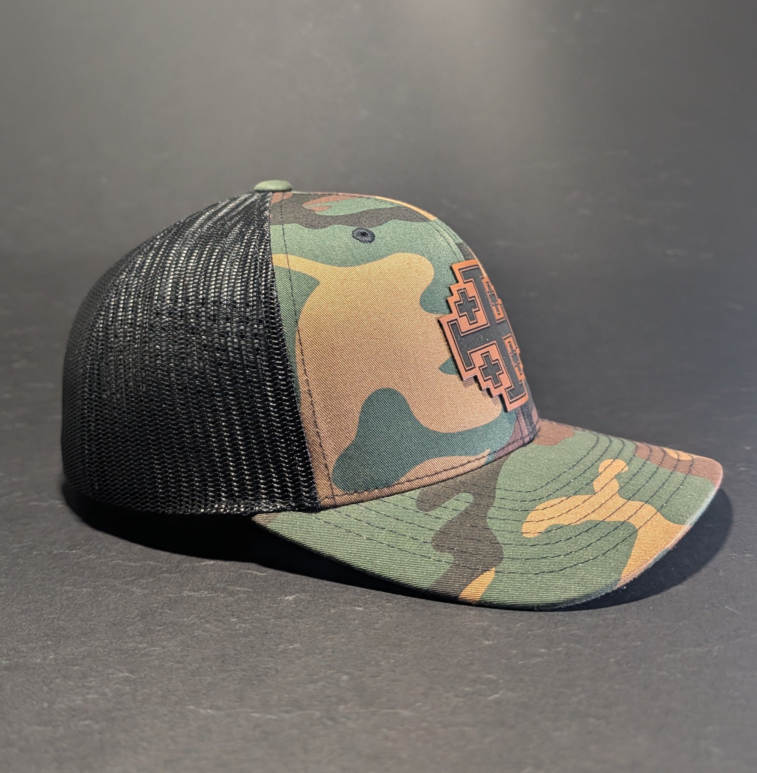 Jerusalem Cross Woodland curve bill snapback, rear view showing olive mesh back and snapback closure